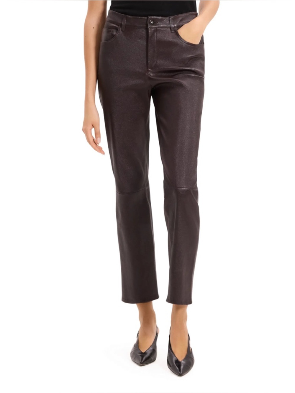THEORY (nwt $995) Glossed Leather Straight Leg Pants Plum Brown Sz 10